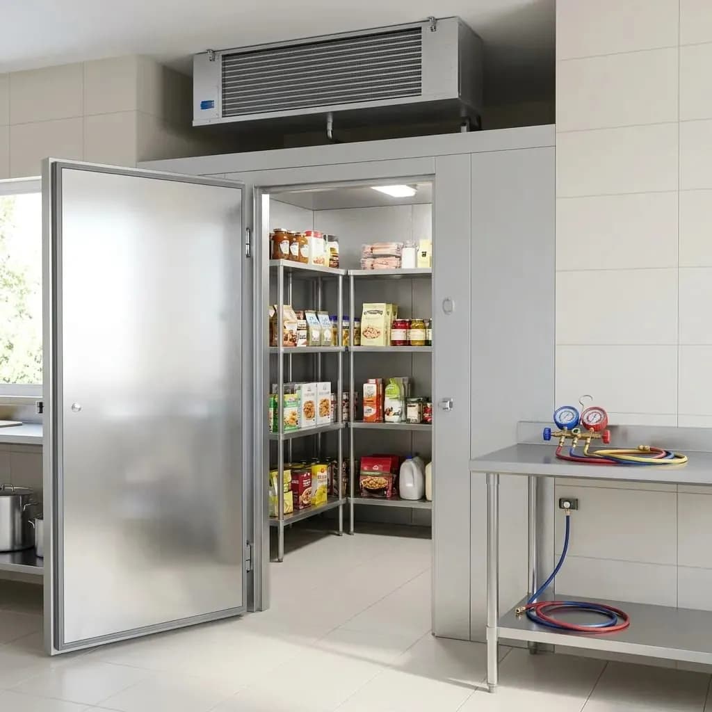 Cámara frigorífica de hostelería con la puerta abierta y el evaporador sobre el marco
