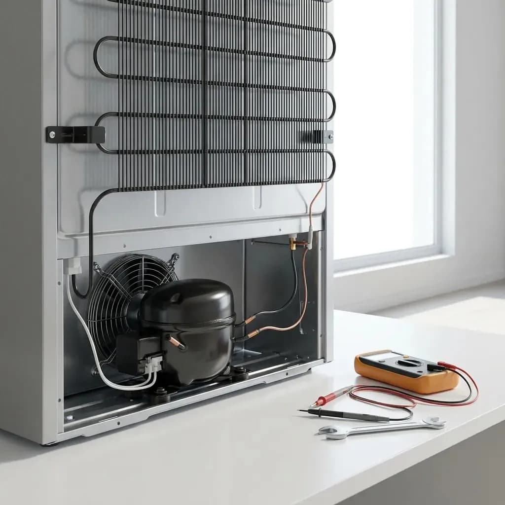 Frigorífico con el panel trasero retirado, mostrando el compresor y el condensador