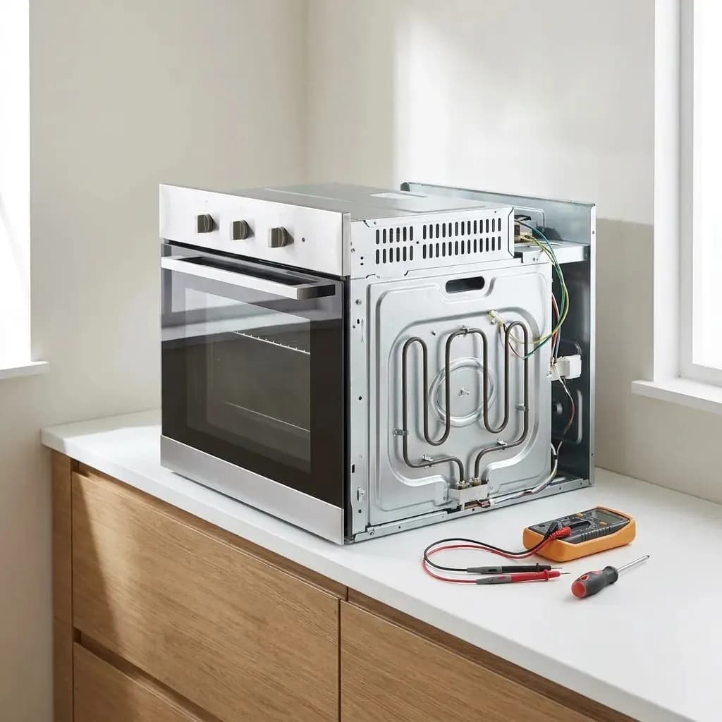 Horno eléctrico extraído del mueble con la tapa trasera quitada, mostrando la resistencia y el cableado