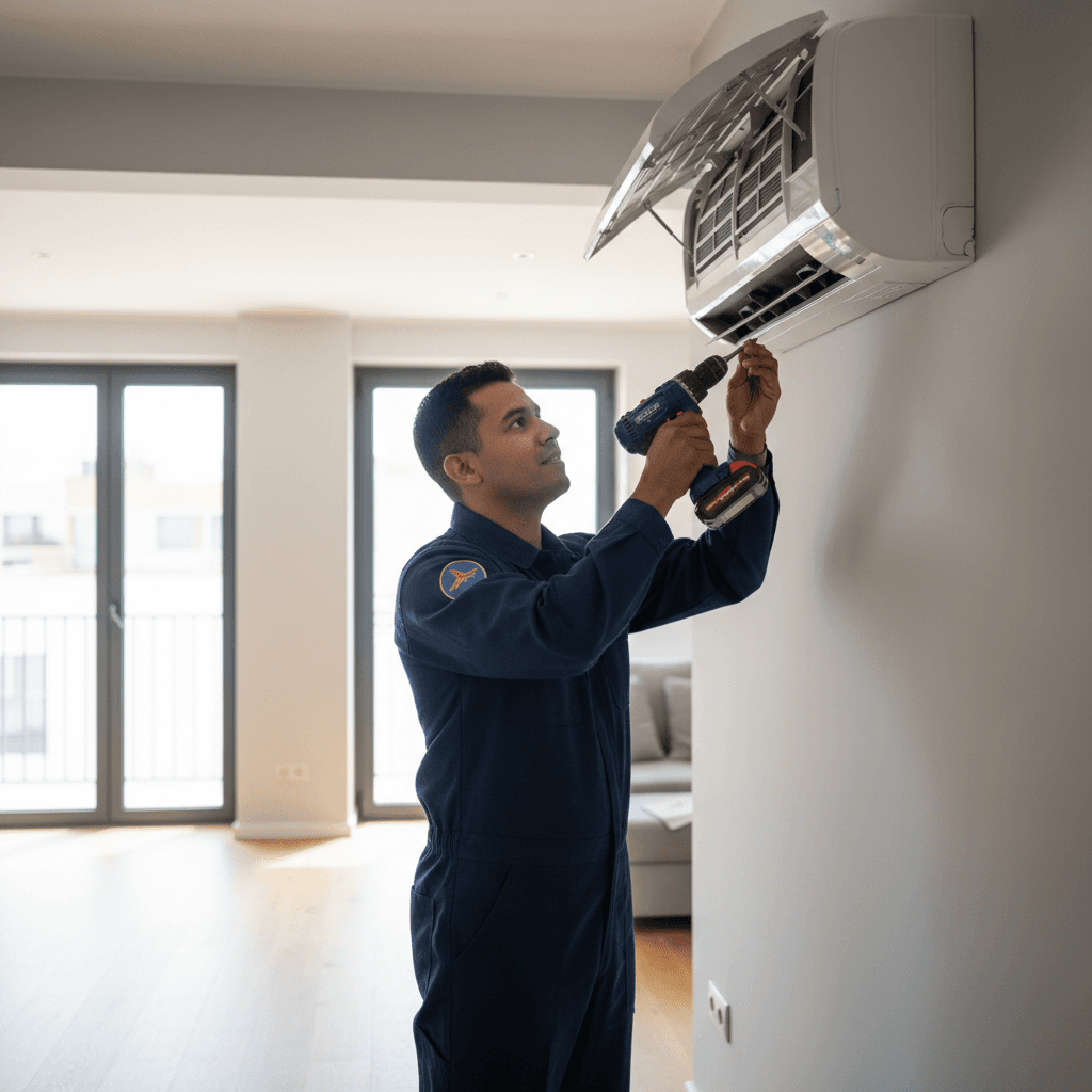 Técnico HVAC trabajando en instalación de climatización