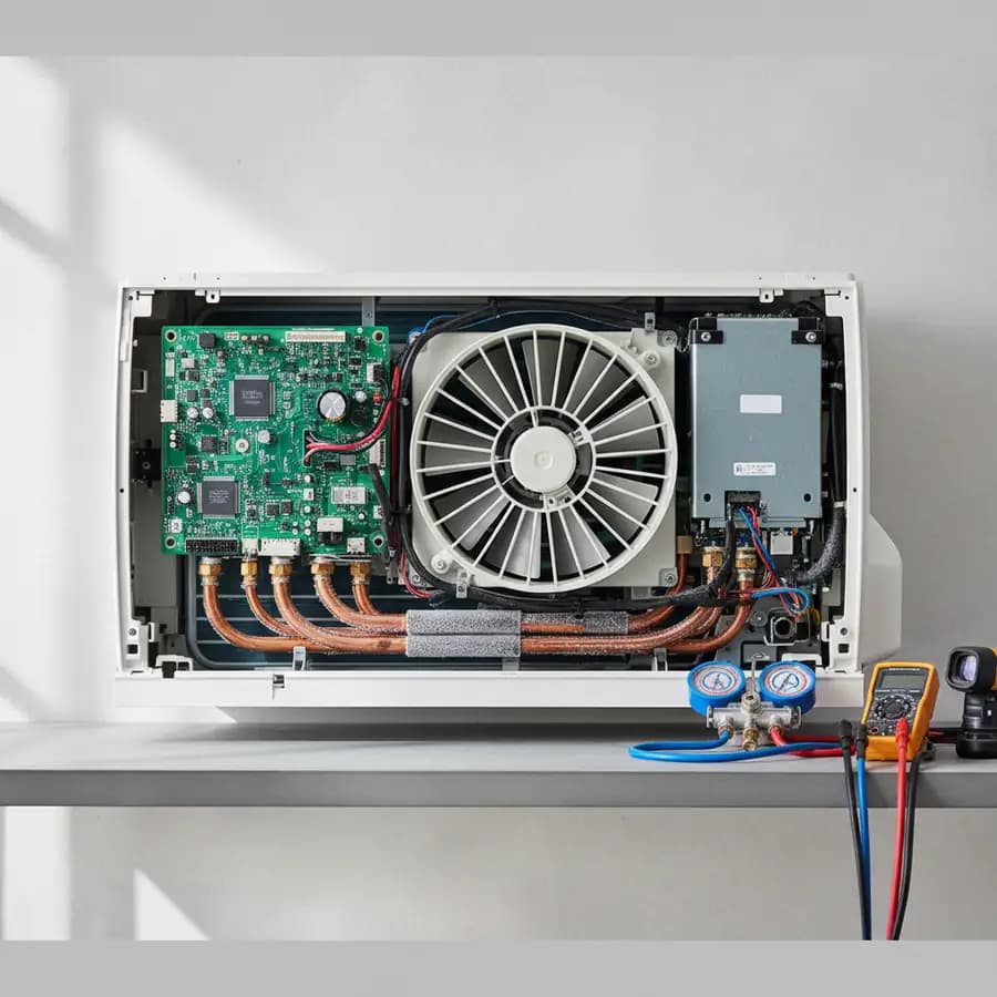 Técnico realizando reparación de sistema de climatización